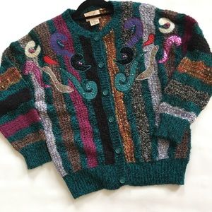Vtg Women Sweater Cardigan Applique Abstract Funky